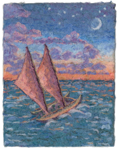 hawaiian sailing canoe, dusk, stars, crescent moon, ocean